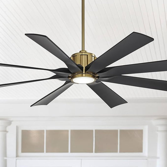 Possini Euro Design 60" Defender Modern Outdoor Ceiling Fan with LED Light Remote Control Soft Brass Matte Black Damp Rated for Patio Exterior House Home Porch Gazebo Garage Barn