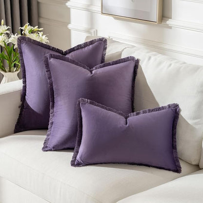 FUTEI Eggplant Purple Velvet Decorative Throw Pillow Covers 18x18 Set of 2,Soft Cozy Edge with Tassels Cushion Case,Boho Modern Home Decor for Couch Bed Living Room