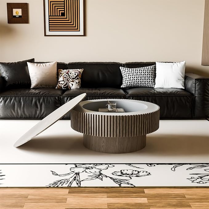 31.5'' Round Coffee Table for Living Room, Fluted Coffee Tables with Hidden Storage, Solid Wood Veneered Circle Modern Tea Table for Small Space Apartment (Grey-31.5''D×14''H)
