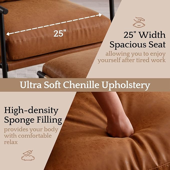 LukeAlon PU Leather Accent Chairs Set of 2, Ultra Soft Lounge Chairs with Metal Legs Modern Armchairs Upholstered Mid-Century Comfy Leisure Chair for Bedroom Living Room Reception Area, Brown
