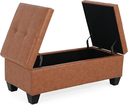 Christopher Knight Home Lanister Faux Leather Upholstered Storage Ottoman Bench, Wooden Rectangular Ottoman with Storage, Living Room Ottoman Coffee Table, Sofa Footstool, Tan Brown