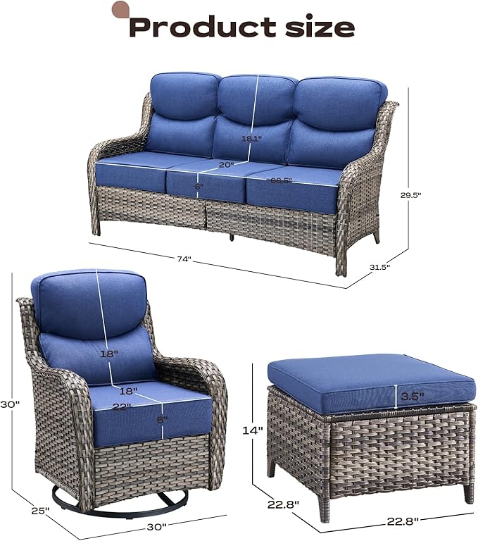 Rilyson Wicker Outdoor Patio Furniture Set - 7 Piece Patio Conversation Sets with Swivel Rocker Chairs, Ottomans and Sofa, 6 inch Cushions, Waterproof Wicker, for Porch Deck Mixed Grey/Blue