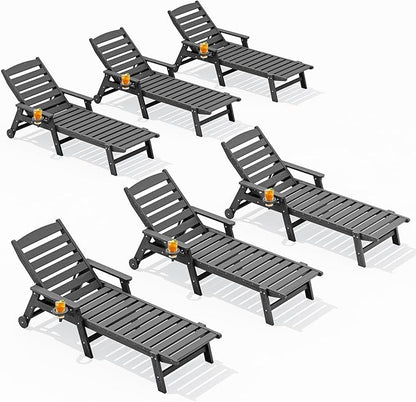SERWALL Patio Chaise Lounge Chair Set of 6, 5 Positions Adjustable Poly Outdoor Lounger for Pool, HDPE Lounge Chair with Rolling Wheels & Cup Holder for Poolside, Deck, Slate Gray