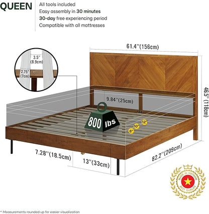 Acacia Alander Bed Frame with Headboard Bed Frame Queen Size Solid Wood Platform Bed, Scandinavian Signature High Headboard Wood Bed Compatible with All Mattress Types, 30 Mins Assembly, Walnut