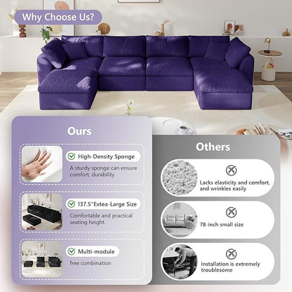 138" Boneless Cloud Couch Modular Sectional Sofa with Deep Seat for Living Room, L Shape Couch with Ottoman, Snowflake Cloth and 40D Memory Sponge，2 Throw Pillows (Purple, 4 Seater+1 Ottoman)