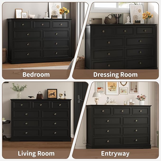 Dresser for Bedroom, 51" Wide Wood 9 Drawers Dresser with Storage, Retro Design Chest of Drawers for Bedroom, Living Room, Dressing Room, Hallway, Black