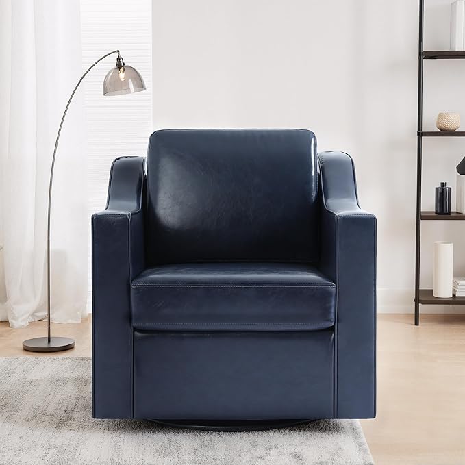 UIXE Faux Leather Swivel Accent Chair, Upholstered Arm Chair for Living Room, Modern Club Armchair Comfy Single Sofa Bedroom Reading Seat with Lumbar Pillow - Navy Blue