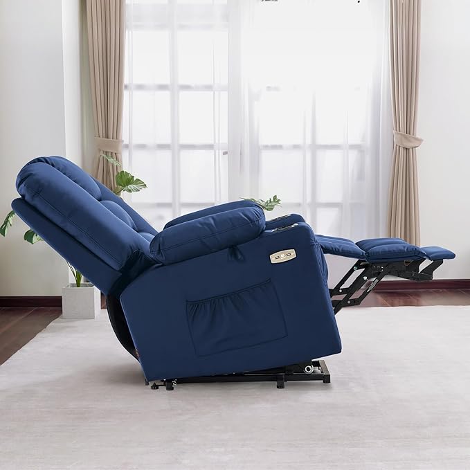 MCombo Power Lift Recliner Chair for Elderly, Lift Chair with Heat and Massage, USB Ports, Cup Holders, Faux Leather 7519 (Medium, Navy Blue)