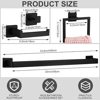 Gisafai 25 Pcs Bathroom Hardware Accessories Set 23.6 Inch Bath Towel Bar Kit Stainless Steel Bathroom Hardware Set Towel Racks Ring Hooks Paper Holder for Wall Mounted (Black)