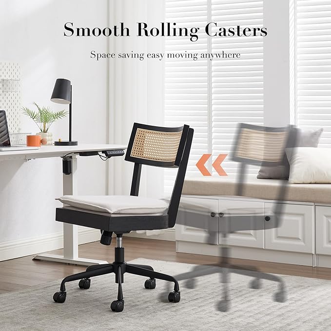 Home Office Desk Chair with Wheels, Ergonomic Computer Task Chair with Rattan Back, Adjustable Height Armless Swivel Chair with Removable Cushion for Small Space, Black