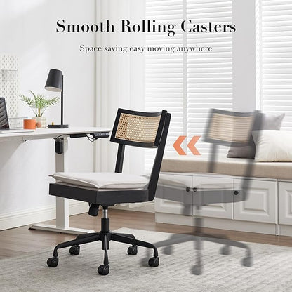 Home Office Desk Chair with Wheels, Ergonomic Computer Task Chair with Rattan Back, Adjustable Height Armless Swivel Chair with Removable Cushion for Small Space, Black