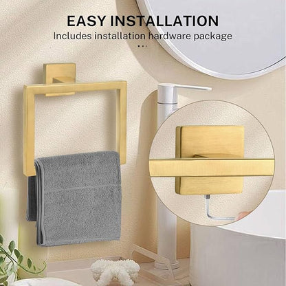 2-Piece Brushed Gold Towel Ring,Square Hand Towel Holder,Stainless Steel Modern Towel Holder Wall-Mounted Bathroom Towel Ring Towel Rack
