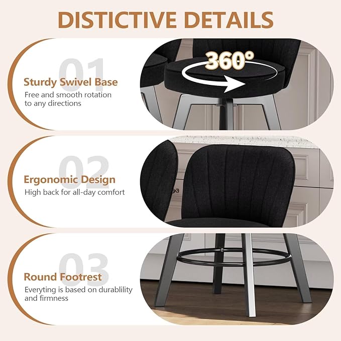 MINCETA Bar Stools Set of 2, 26 Inch Upholstered Barstools with Backrest and Footrest, Swivel Counter Height Barstools for Kitchen Island Home Bar Black