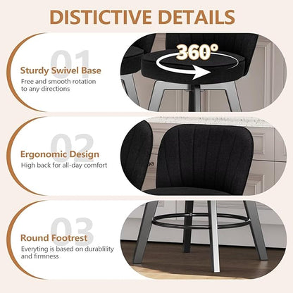 MINCETA Bar Stools Set of 2, 26 Inch Upholstered Barstools with Backrest and Footrest, Swivel Counter Height Barstools for Kitchen Island Home Bar Black