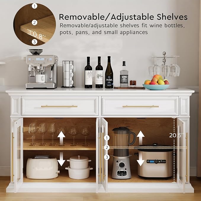 LGHM 63" Sideboard Buffet Cabinet with Storage, Modern Credenza with 4 Doors & Adjustable Shelves, Wood Coffee Bar Kitchen Cabinet with 2 Large Drawers for Living Room