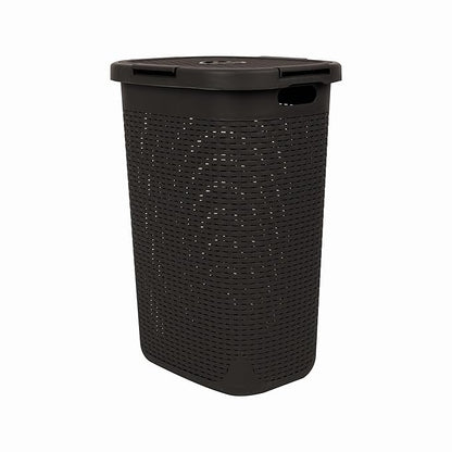 Mind Reader Slim Laundry Hamper with Lid, 60L Clothes Basket, Premium Wicker Design, Plastic, Brown