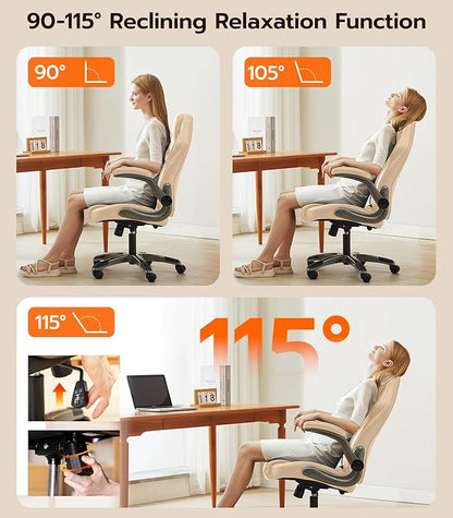 Office Desk Chair, Ergonomic Computer Chair with Padded Flip-Up Arms and Adjustable Lumbar Support, PU Leather Executive Chair with Tilt Lock and 360° Swivel Rolling Wheels for Work, Study