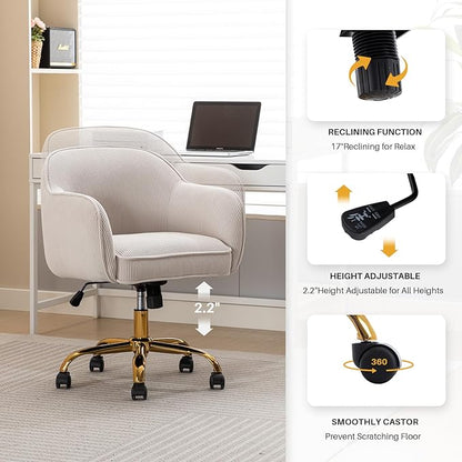 Home Office Desk Chair with Arms Gold Wheels Modern Velvet Upholstered Rolling Computer Chair Mid-Back Ergonomic Adjustable Swivel Vanity Chair for Bedroom Study Office, Beige,Corduroy