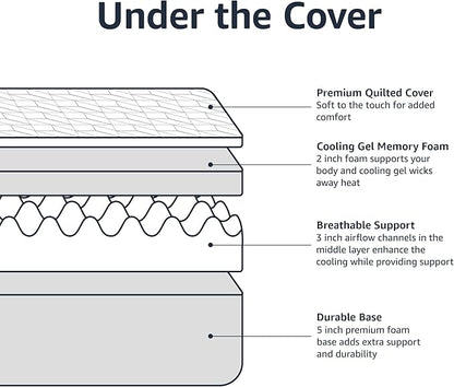 Amazon Basics Memory Foam Mattress, Medium Firm, Cooling Gel, Full Size Mattress, CertiPUR-US® Certified Foam, 75 x 54 x 12 inches, White/Gray