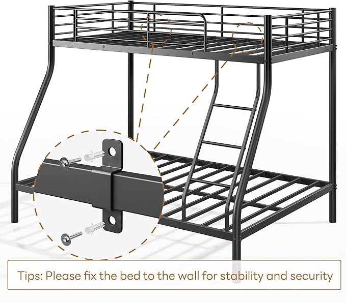 Bellemave Twin Over Full Bunk Bed for Teens, Twin Over Full Bunk Bed Frame with Build in Ladder and Full Length Guardrail, Easy Assemble Bunkbeds, Mattress Not Included, Black