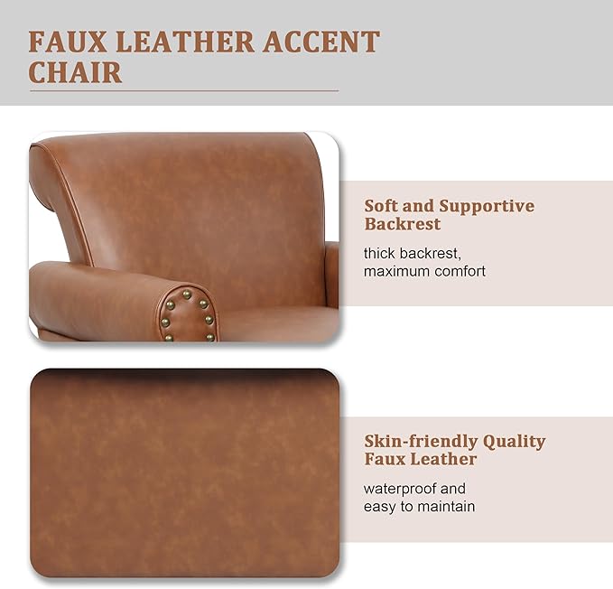 Accent Chair, Mid Century Modern Faux Leather Arm Chair with Wood Leg for Living Room, Bedroom, Comfy PU Leather Club Reading Chairs with Wingback & Nailhead Trim (Leather Brown, Set of 2)