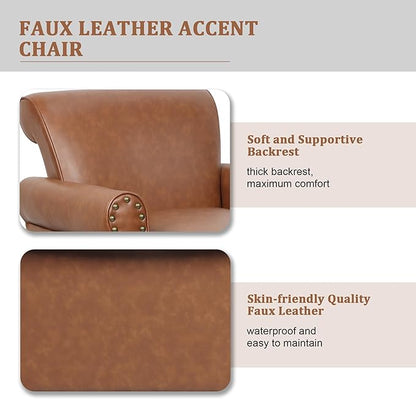 Accent Chair, Mid Century Modern Faux Leather Arm Chair with Wood Leg for Living Room, Bedroom, Comfy PU Leather Club Reading Chairs with Wingback & Nailhead Trim (Leather Brown, Set of 2)