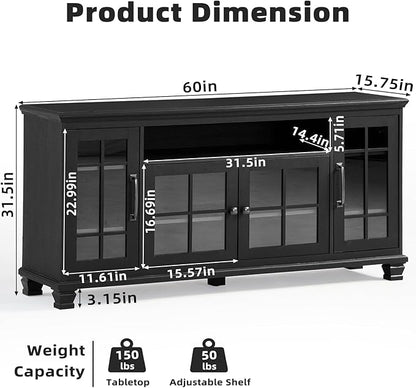 Large Black Sideboard Buffet Cabinet with Storage, Vintage Farmhouse 60" Wide Credenza Accent Cabinets with Glass Doors & Wood Legs, Kitchen Console Bar Table for Dining Room, Living Room