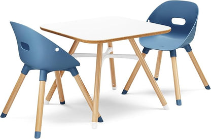 Lalo The Play Kit - Kids Table & Chairs Set with Sustainably Sourced Wood Table & 2 Non-Toxic Bucket Seat Chairs - Safe & Comfortable - Coconut/Blueberry