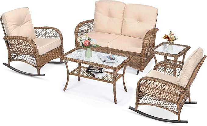 VIVIJASON 5-Piece Outdoor Patio Wicker Conversation Sets, All Weather Outdoor Rattan Furniture Set Includes Glider Loveseat, 2 Coffee Table, 2 Rocking Chairs with Cushions for Backyard, Light Brown