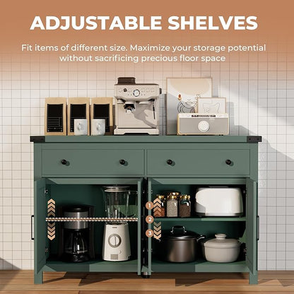 Buffet Cabinet with Storage Farmhouse with 4 Doors and 2 Drawers, 55'' Large Kitchen Storage Cabinet Green Wood Coffee Bar Buffet Sideboard for Kitchen, Dining Room, Living Room