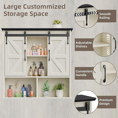 Vabches Bathroom Wall Cabinet, Farmhouse Medicine Cabinet with Double Sliding Barn Door and Adjustable Shelves, Wooden Vintage Storage Cabinet Wall Mounted for Bathroom, Kitchen, White and Black