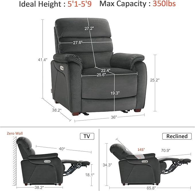 MCombo Power Zero Wall Hugger Recliner Chair for Small Space RV Living Room, Power Recliner with Adjustable Headrest, USB & USB-C Charging Ports, Fabric ST257 (Dark Grey)