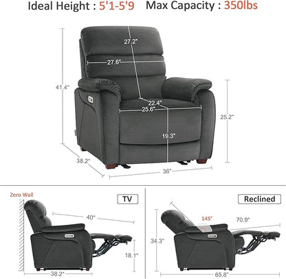 MCombo Power Zero Wall Hugger Recliner Chair for Small Space RV Living Room, Power Recliner with Adjustable Headrest, USB & USB-C Charging Ports, Fabric ST257 (Dark Grey)