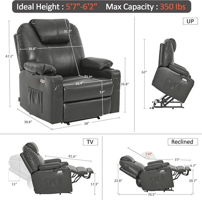 MCombo Oversized Power Lift Recliner Chair for Elderly, Lift Chair with Heat and Massage for Big and Tall, USB&Type C Ports, Cup Holders, Faux Leather R7510 (Grey, Large-Wide)