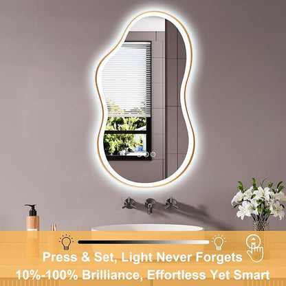 WTTY LED Irregular Bathroom Mirror 26x46 Inch with Front & Back Lights - Asymmetrical Design, Anti-Fog, Dimmable 3 Color Temperatures, Shatterproof Glass, Horizontal or Vertical Mount (Gold Frame)