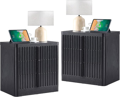 23.6" Nightstand Set of 2 with Charging Station, Side Table with 3 Storage Drawers, Mid Century Modern Night Stand with Solid Wood Handle, Bedside End Table for Bedroom, Living Room, Black