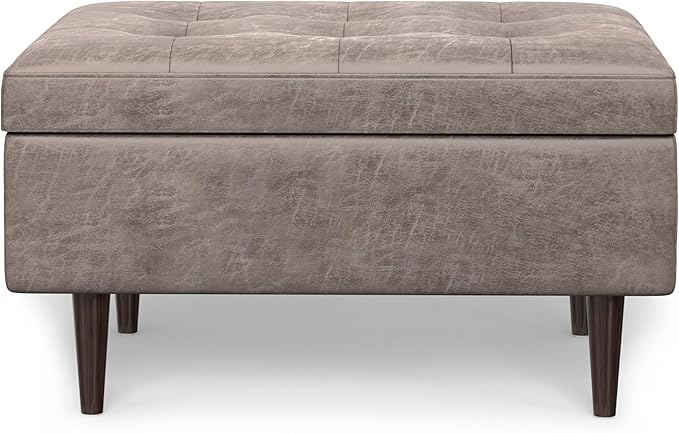 SIMPLIHOME Shay 34 inch Wide Mid Century Modern Small Rectangle Coffee Table Storage Ottoman in Distressed Grey Taupe Vegan Faux Leather, Assembled, for The Living Room and Entryway