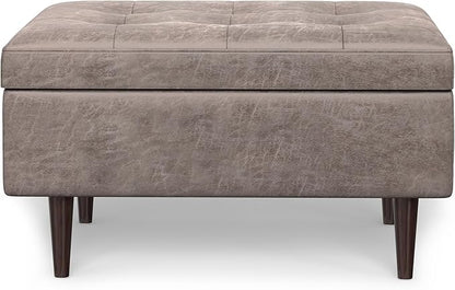 SIMPLIHOME Shay 34 inch Wide Mid Century Modern Small Rectangle Coffee Table Storage Ottoman in Distressed Grey Taupe Vegan Faux Leather, Assembled, for The Living Room and Entryway