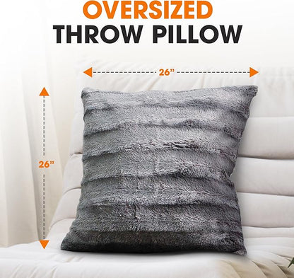 Cheer Collection Faux Fur Throw Pillows - Decorative Pillows for Couch, Bed Throw Pillows, Grey Accent Pillows for Bedroom or Living Room Aesthetic, Set of 2 Furry Throw Pillows, 26" x 26"