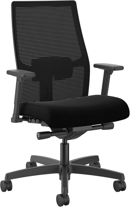 HON Ignition 2.0 Mid Back Task Chair, Advanced Synchro-Tilt Control, Office Chair with Lumbar Support, Height and Width Adjustable Arms, Black Frame, Black
