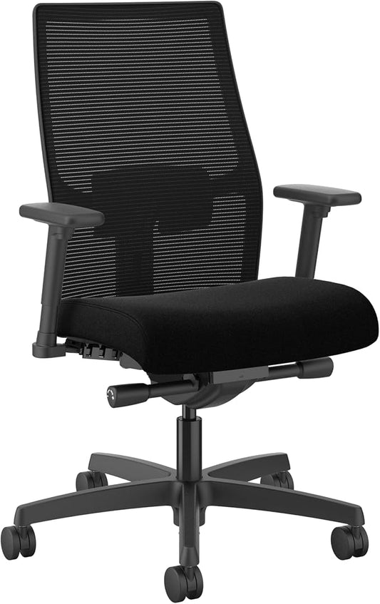 HON Ignition 2.0 Mid Back Task Chair, Advanced Synchro-Tilt Control, Office Chair with Lumbar Support, Height and Width Adjustable Arms, Black Frame, Black