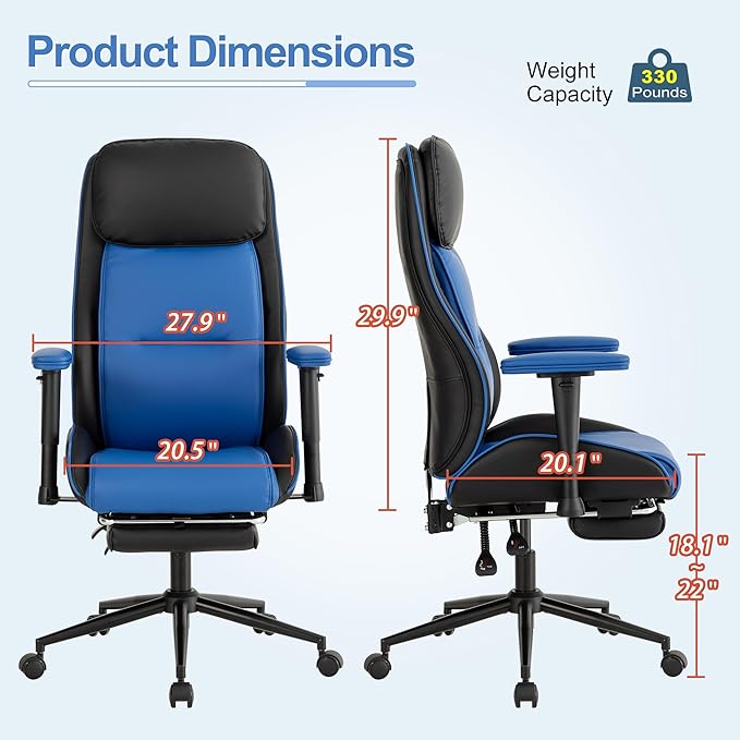 Ergonomic Home Office Chair with Footrest,Modern Faux Leather Reclining Chair,High Back Video Game Executive Computer Chairs with Adjustable Armrest & Lumbar Support,360°Swivel (Blue)