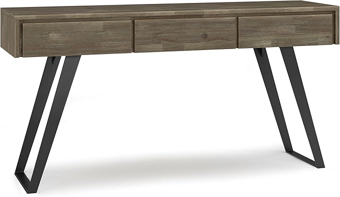 SIMPLIHOME Lowry SOLID ACACIA WOOD and Metal 60 Inch Wide Modern Industrial Console Sofa Table in Distressed Grey, For the Living Room Entryway and Bedroom