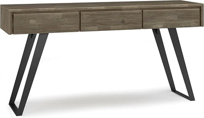 SIMPLIHOME Lowry SOLID ACACIA WOOD and Metal 60 Inch Wide Modern Industrial Console Sofa Table in Distressed Grey, For the Living Room Entryway and Bedroom
