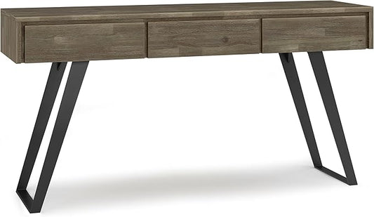 SIMPLIHOME Lowry SOLID ACACIA WOOD and Metal 60 Inch Wide Modern Industrial Console Sofa Table in Distressed Grey, For the Living Room Entryway and Bedroom