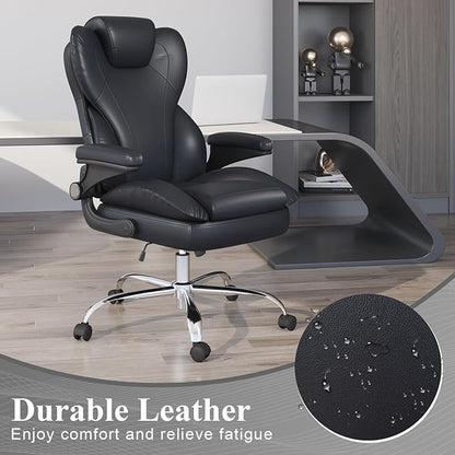 Office Desk Chair, Executive Leather Office Chair, High Back Ergonomic Home Desk Chair with Padded Flip-up Arms, Big and Tall Computer Chair with Rocking Function, 360°Swivel Free, Black