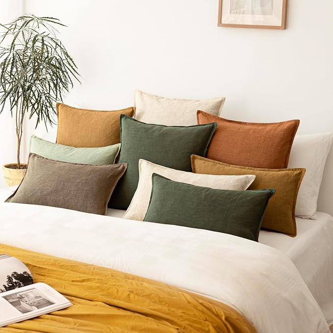 Foindtower Pack of 2, Decorative Linen Solid Throw Pillow Covers Soft Accent Cushion Case Farmhouse Neutral Pillowcase for Chair Couch Sofa Bedroom Living Room Home Decor 16x16 Inch Olive Branch Green