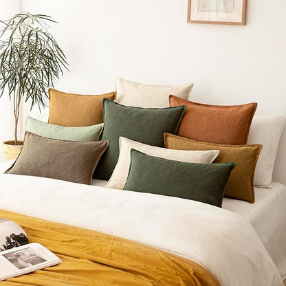 Foindtower Pack of 2, Decorative Linen Solid Throw Pillow Covers Soft Accent Cushion Case Farmhouse Neutral Pillowcase for Chair Couch Sofa Bedroom Living Room Home Decor 18 x 18 Inch Dark Olive Green