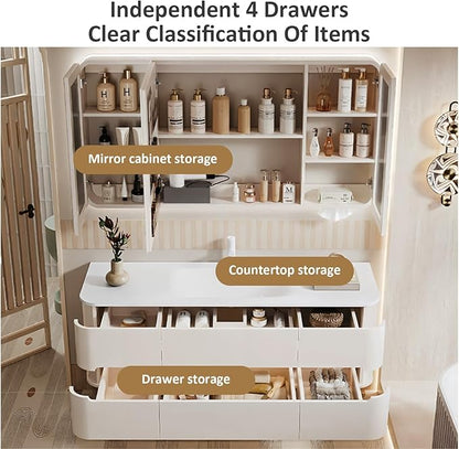 48IN Bathroom Vanity - Bathroom Vanity with Sink with Intelligent Induction Light | Wall-Mounted Bathroom Vanity with Intelligent LED Mirror Cabinet & 6 Drawers, Cream Color