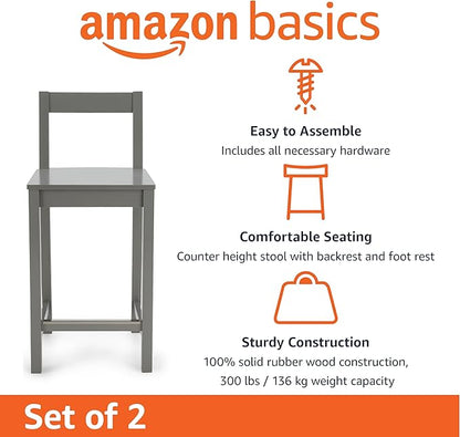 Amazon Basics Wooden Bar Stool with Backrest 24", Grey, Set of 2